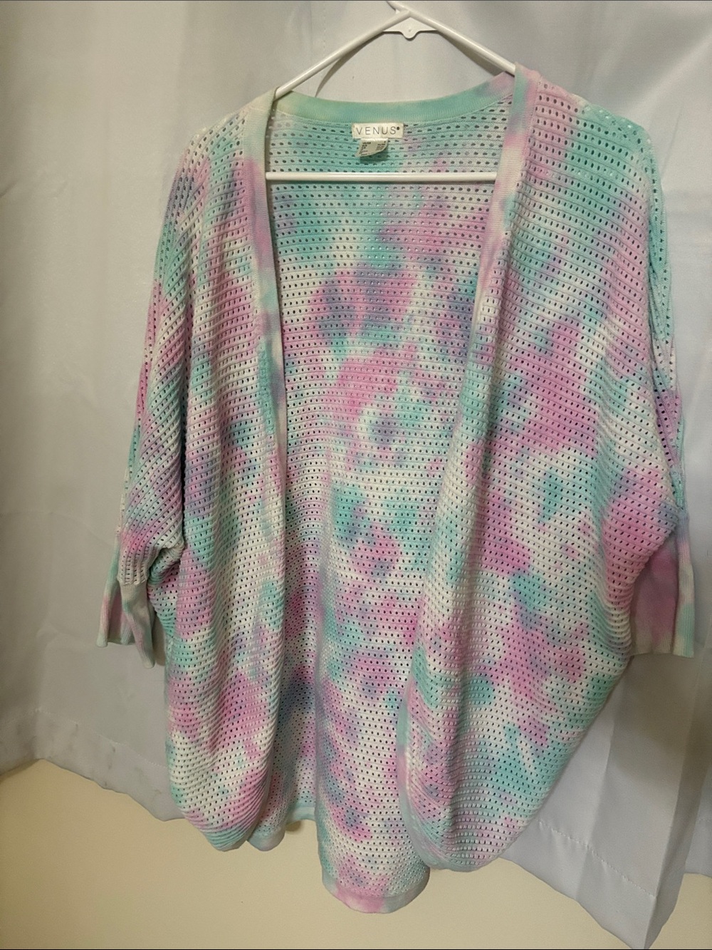 VENUS Pastel Tie-Dye Open Knit Cardigan - Pink & Mint